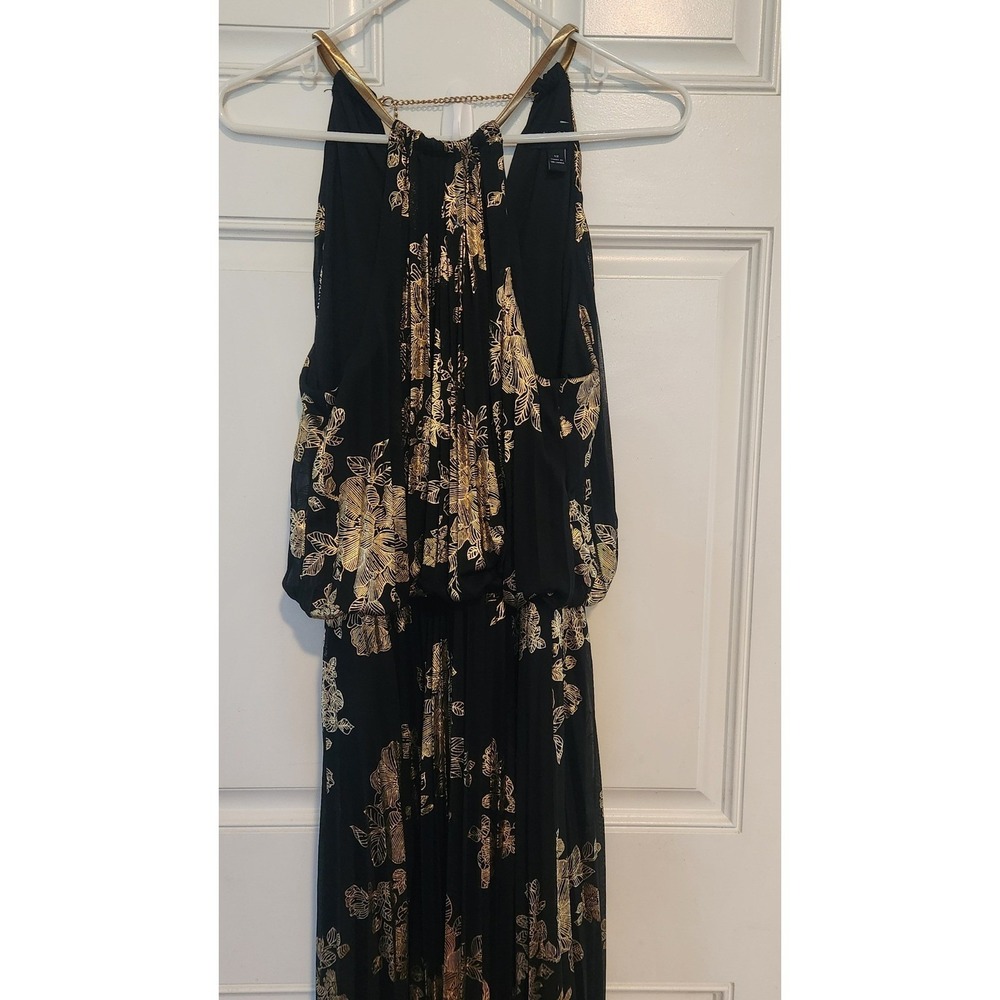 MSK Black Gold Floral Foil Halter Maxi Dress Metallic Chain Neck Pleated Gown 12